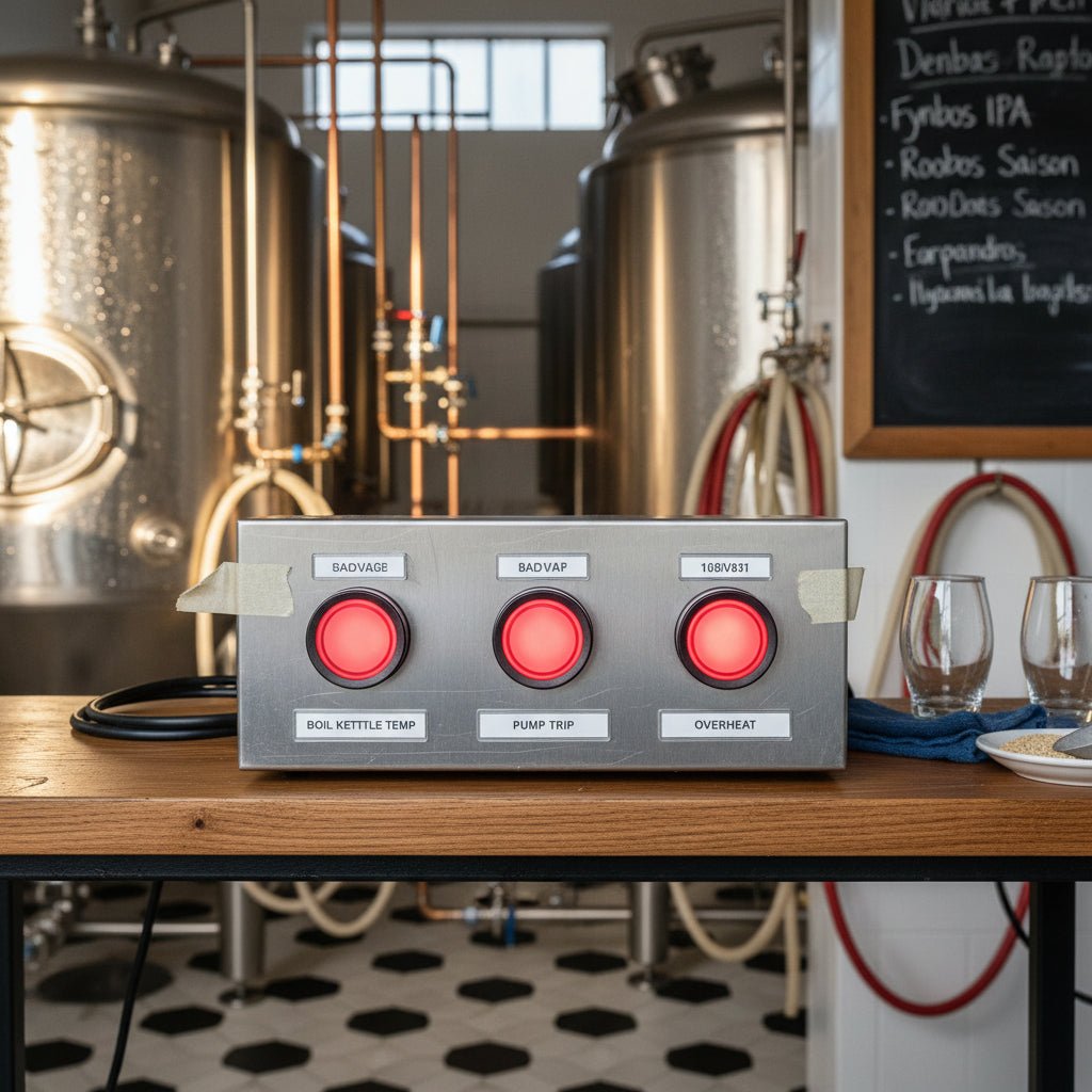 Control panel with red buttons on a wooden table in a brewery setting