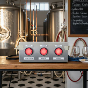 Control panel with red buttons on a wooden table in a brewery setting