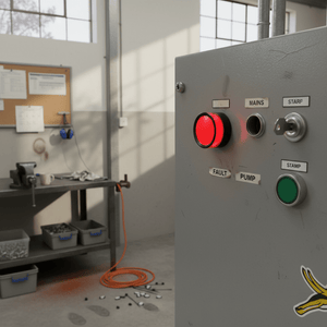 Control panel with red and green buttons in an industrial setting
