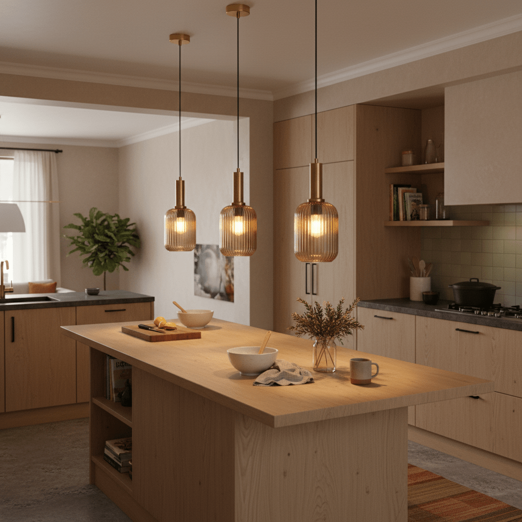 Three amber cut glass pendant lights hang above a wooden kitchen island, creating a warm ambiance.