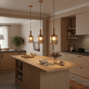 Three amber cut glass pendant lights hang above a wooden kitchen island, creating a warm ambiance.