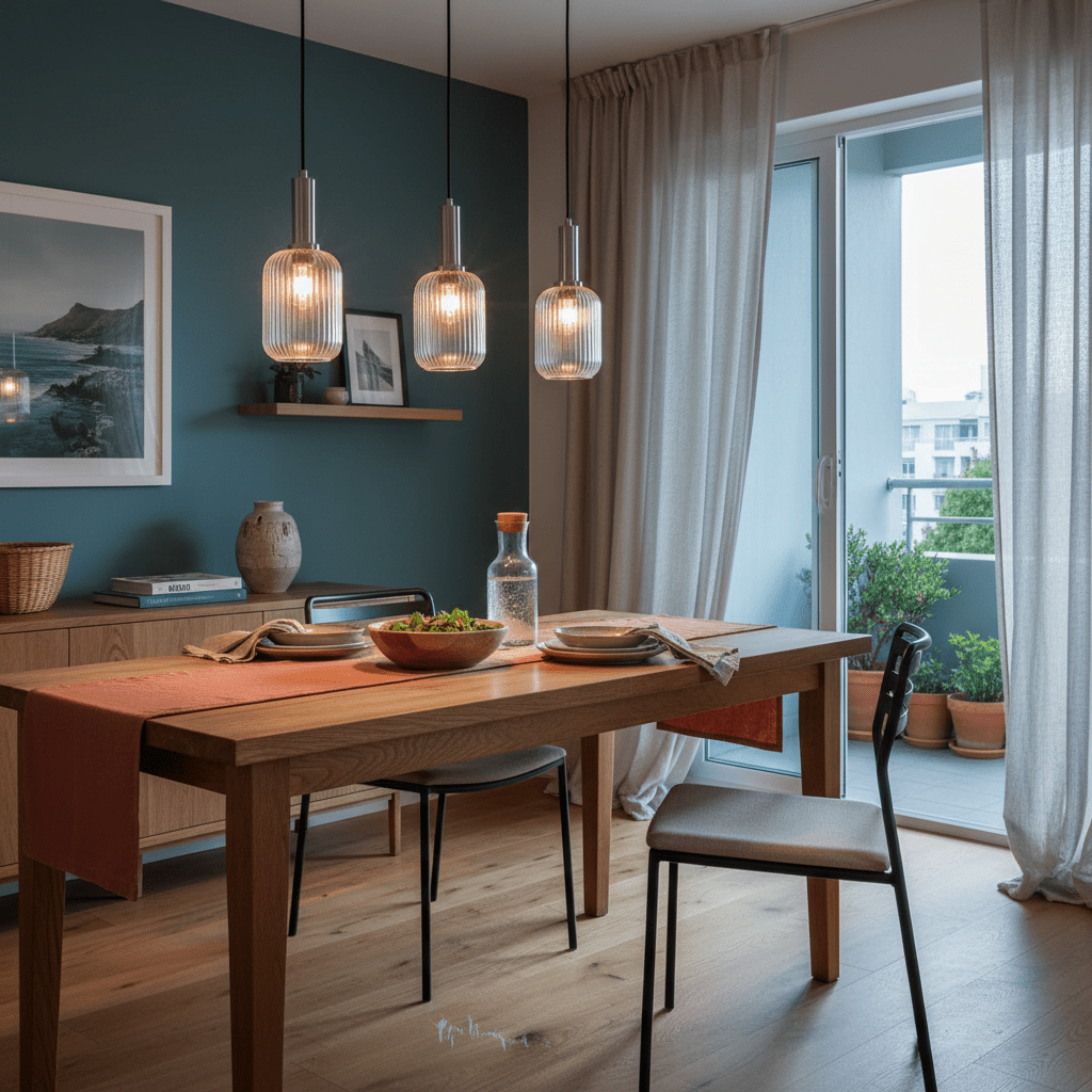 Stylish dining area featuring three clear cut glass pendant lights above a wooden table with a salad and water pitcher.