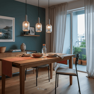 Stylish dining area featuring three clear cut glass pendant lights above a wooden table with a salad and water pitcher.