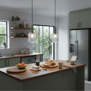 Two Athina Clear Cut Glass Pendants hang over a kitchen island with a wooden countertop, showcasing a modern interior.