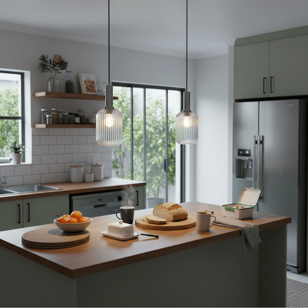 Two Athina Clear Cut Glass Pendants hang over a kitchen island with a wooden countertop, showcasing a modern interior.