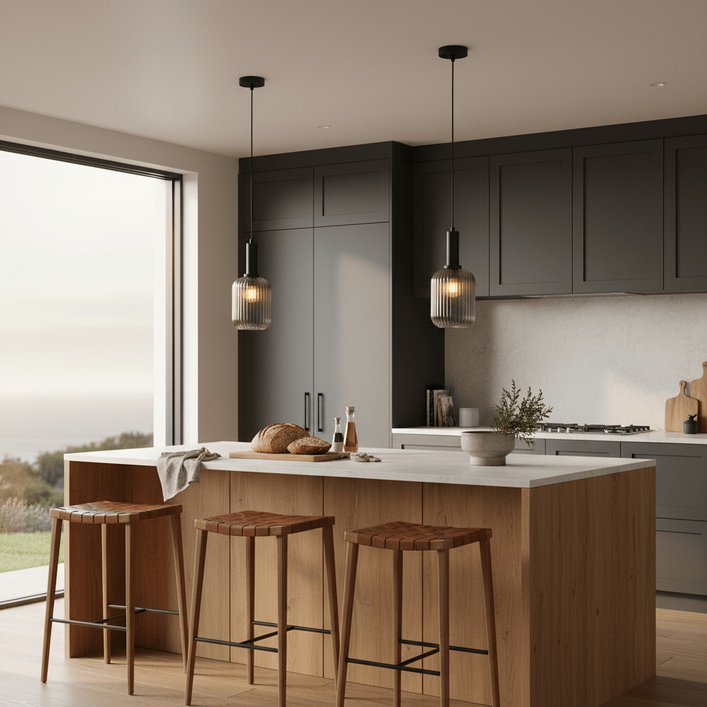 Two Athina Smoke Cut Glass Pendants hang over a modern kitchen island with wooden stools and a scenic view.