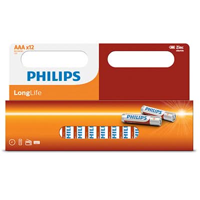 Philips LongLife Zinc AAA Batteries - 12 Pack (1.5V)