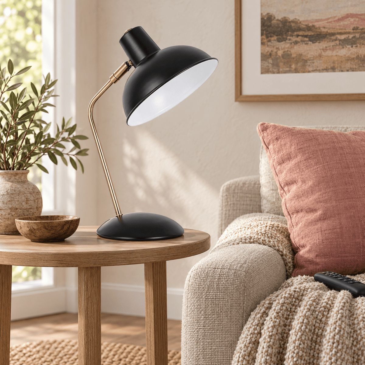 Ake black and gold table lamp in realistic interior, scene 3