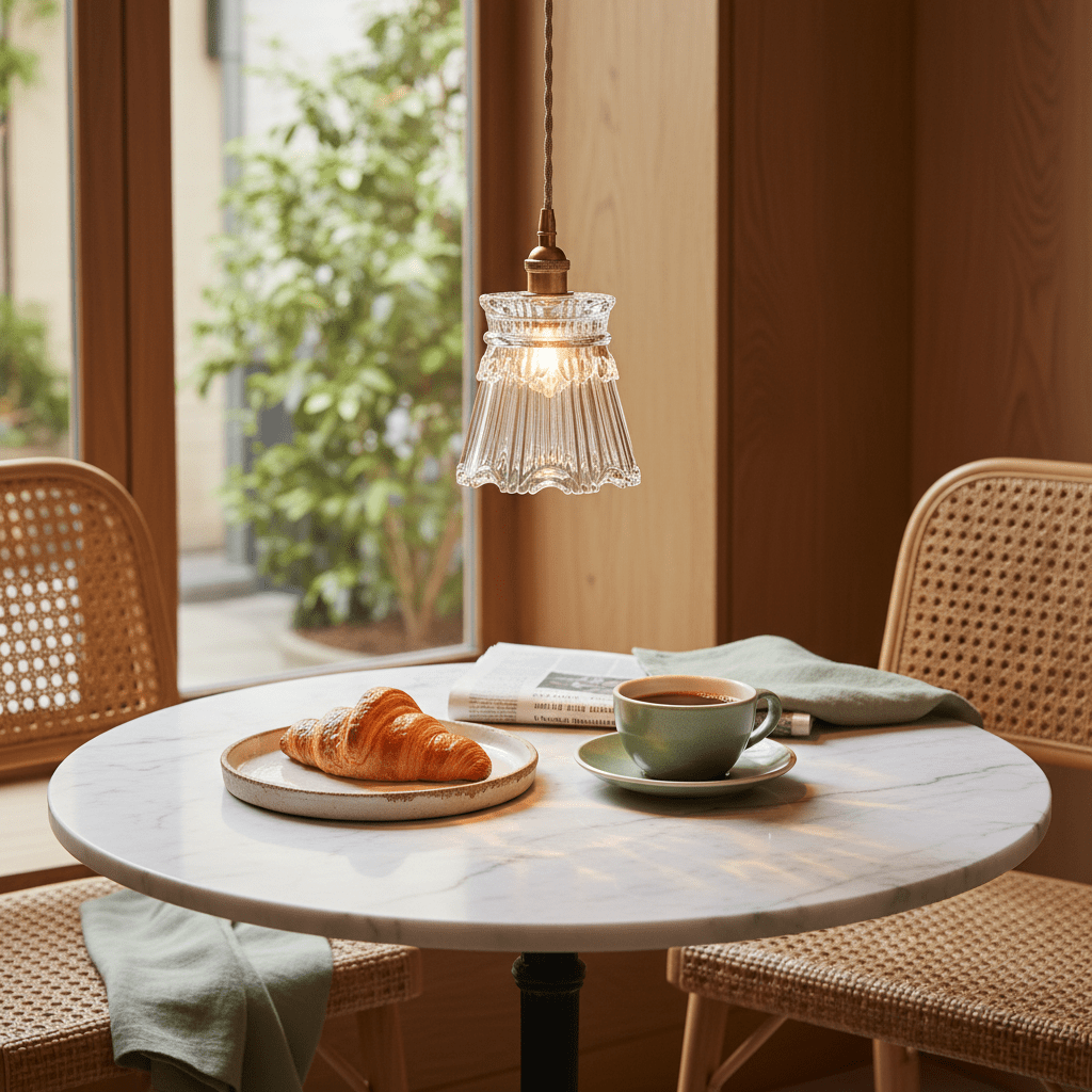 A gold cut glass pendant light hangs above a marble table with a croissant, coffee, and a newspaper.