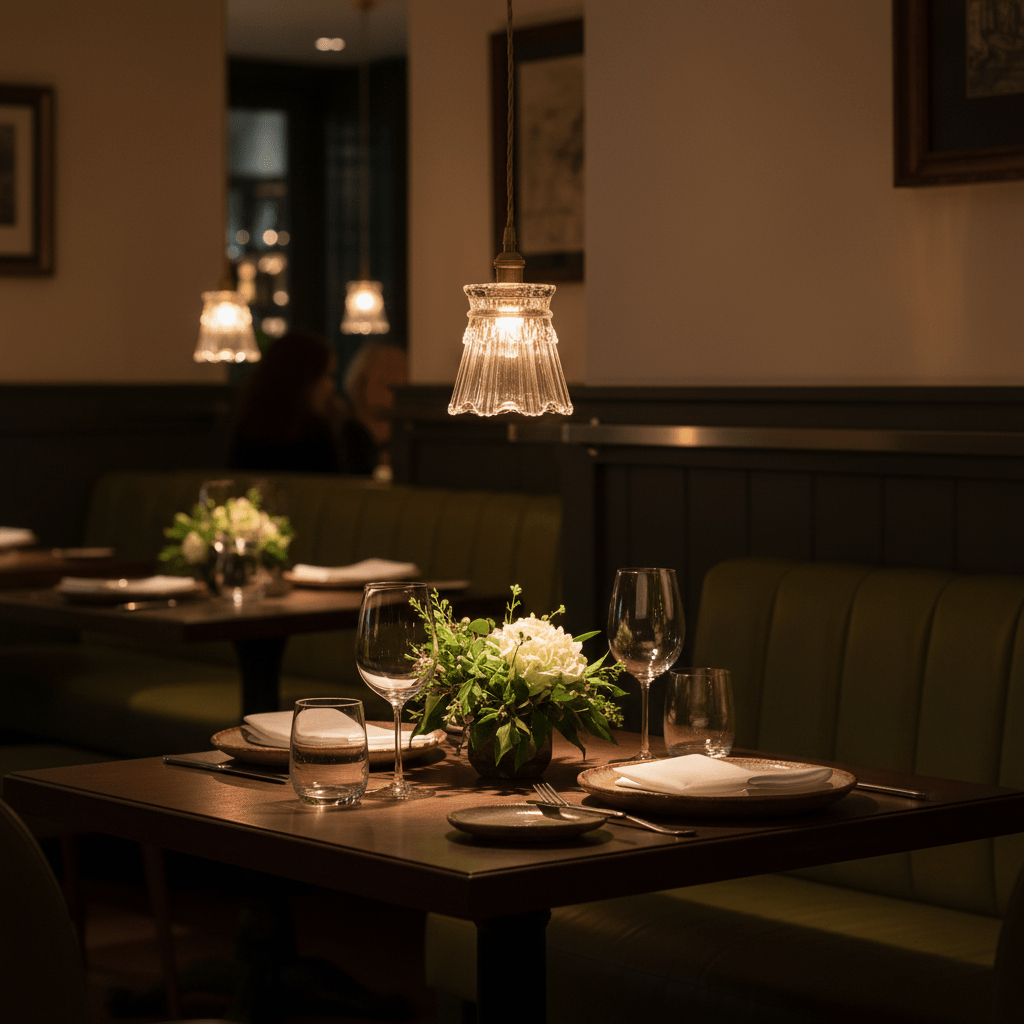 A gold cut glass pendant light hangs above a wooden table set with plates, glasses, and a floral centerpiece.