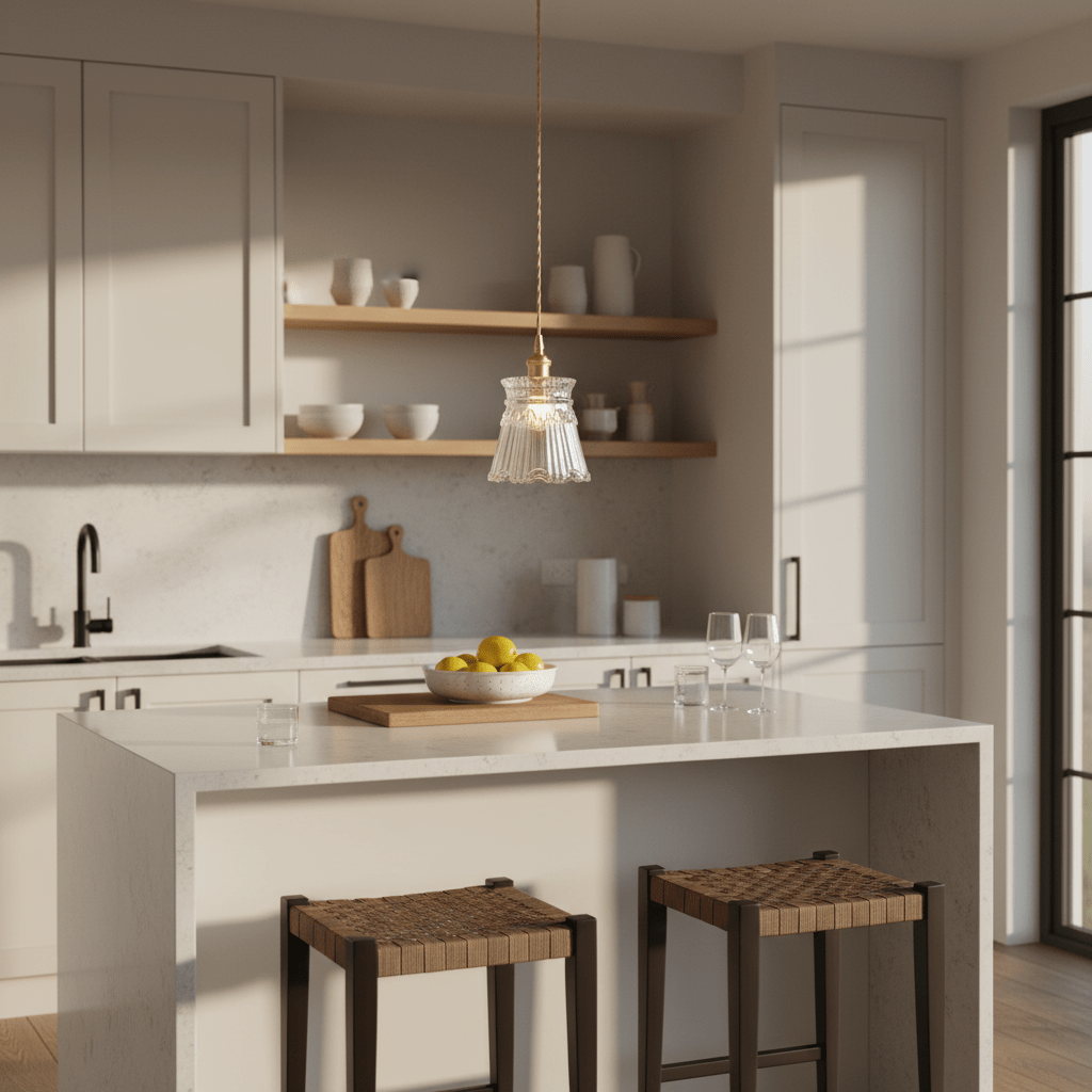 A gold cut glass pendant light hangs above a kitchen island with a white countertop, surrounded by wooden shelves and bar stools.
