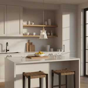 A gold cut glass pendant light hangs above a kitchen island with a white countertop, surrounded by wooden shelves and bar stools.