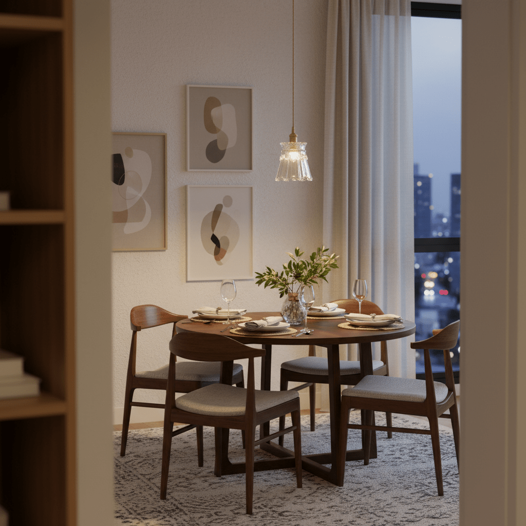 A gold cut glass pendant light hangs above a round wooden dining table set with plates and glasses, surrounded by four chairs.