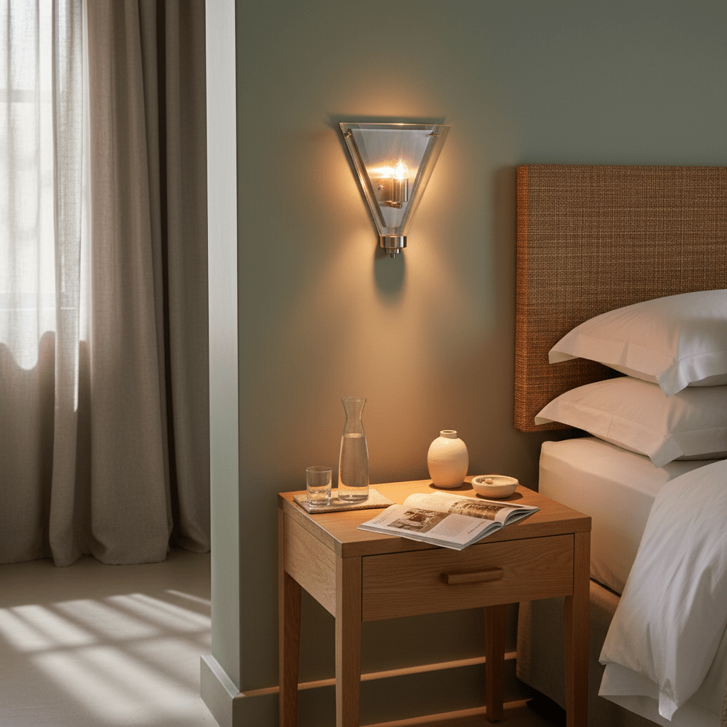 Triangular satin‑chrome wall light with clear glass illuminates a bedside area above a wooden nightstand and bed.