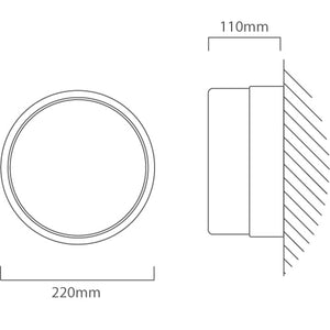 Technical diagram of bulkhead light with dimensions 220mm and 110mm