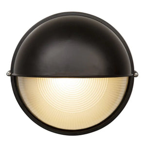 Large round black outdoor wall light with a ribbed glass shade, designed for general illumination.