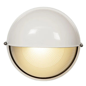 Large round white outdoor wall light with a ribbed interior, designed for general illumination.
