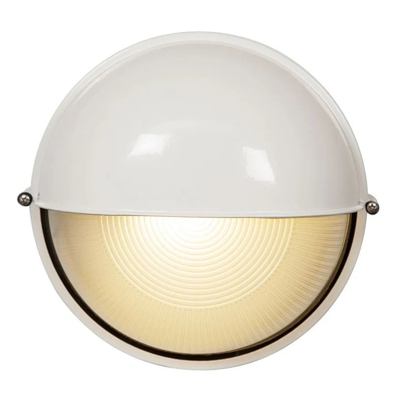 Large round white outdoor wall light with a ribbed interior, designed for general illumination.