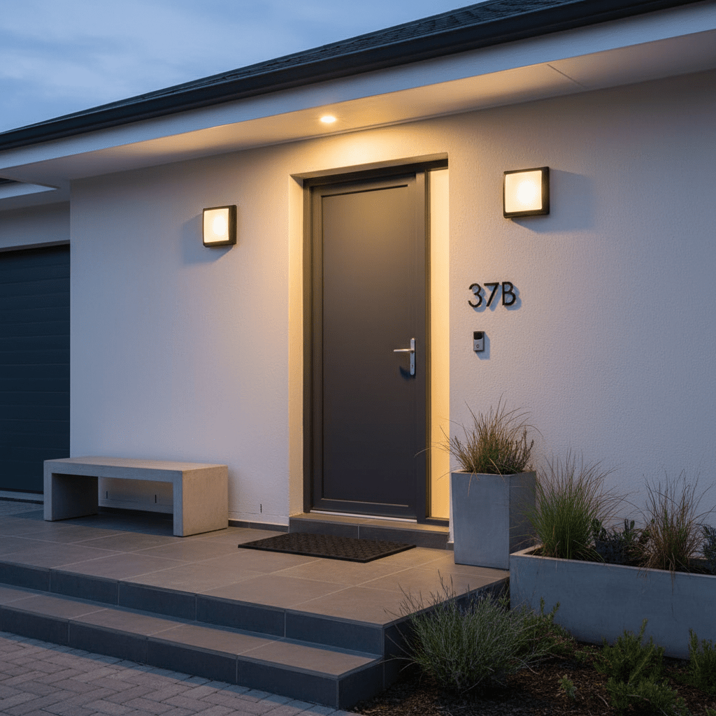 Outdoor wall light illuminating a modern entrance with a dark door and potted plants.