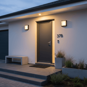 Outdoor wall light illuminating a modern entrance with a dark door and potted plants.