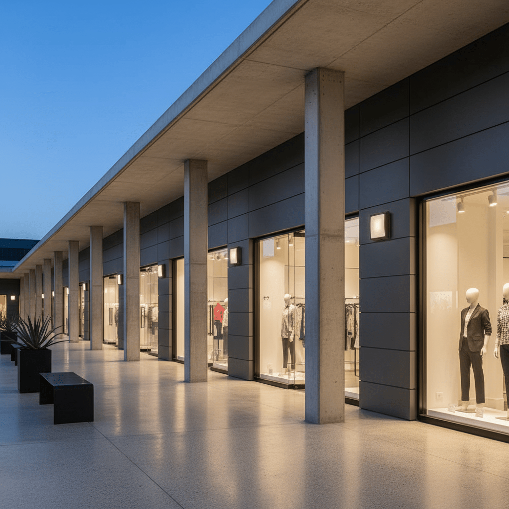 Outdoor wall lights illuminate a modern retail space with large windows and mannequins.