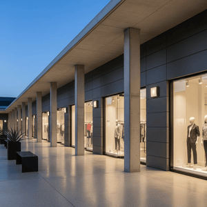 Outdoor wall lights illuminate a modern retail space with large windows and mannequins.