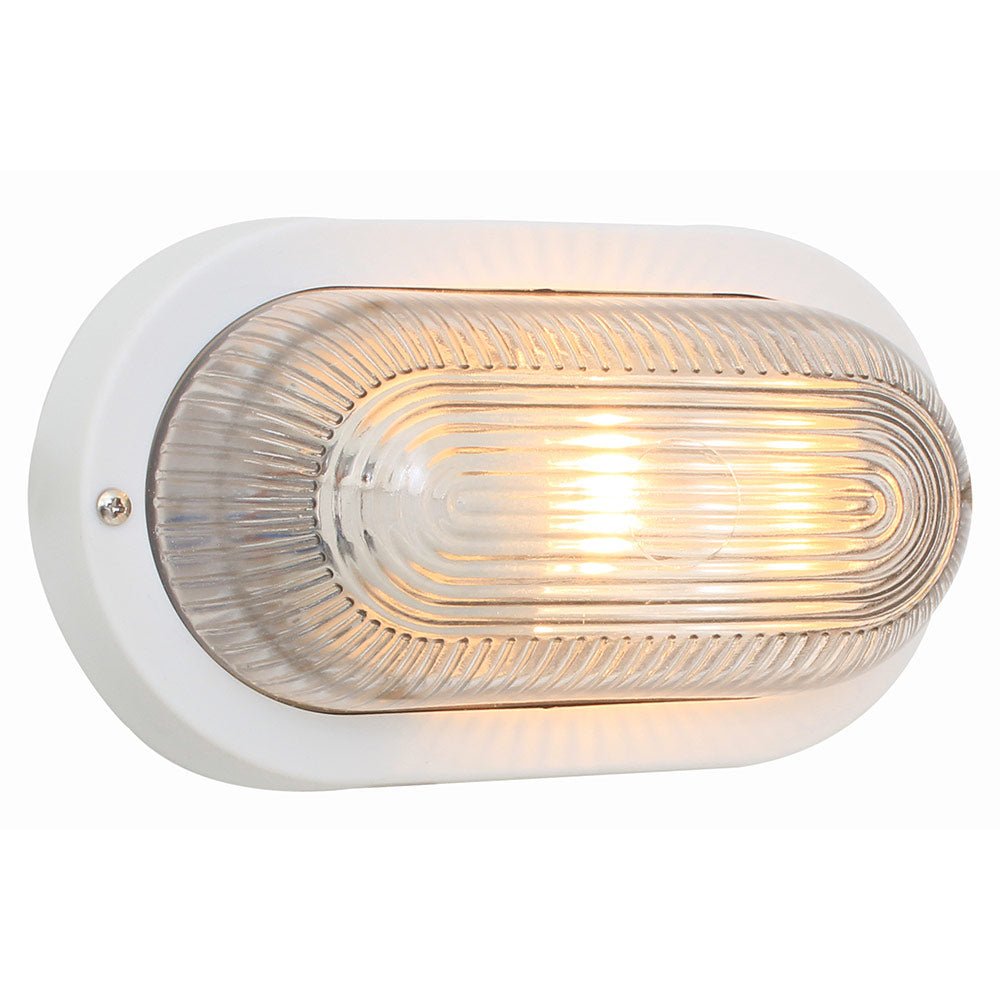 Wall-mounted light fixture with white casing and ribbed glass cover on a white background
