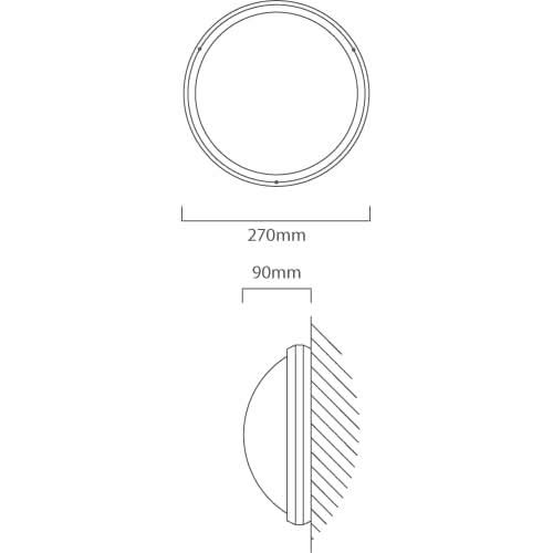 Technical drawing of a round bulkhead light showing dimensions and side profile.