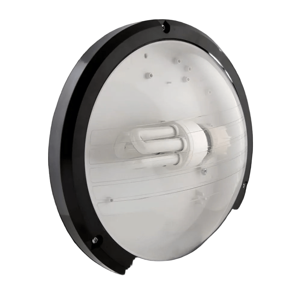 Black circular bulkhead light with clear acrylic lens and U-shaped CFL bulb