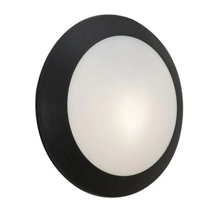 Black outdoor wall light with a sleek, oval design and white diffuser for general lighting.