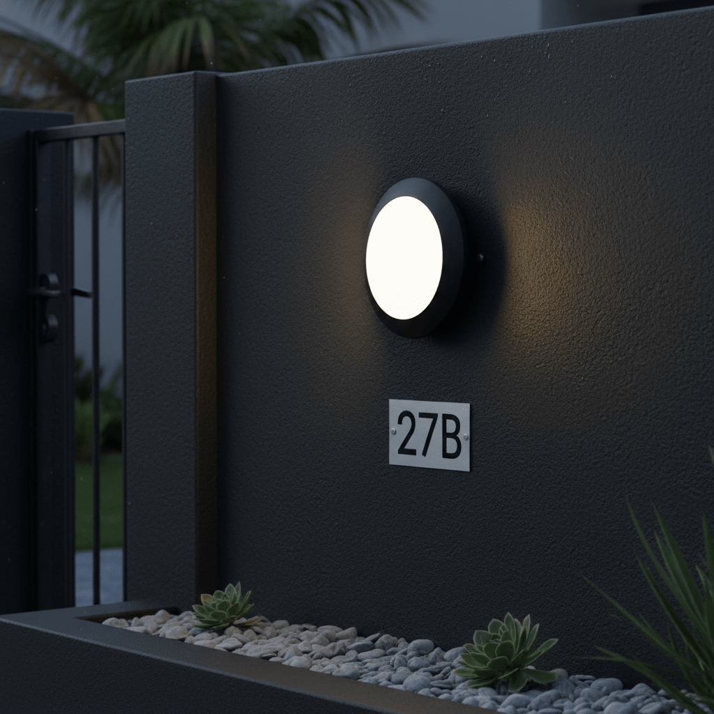 Outdoor wall light mounted on a dark wall, illuminating a pathway with decorative stones and a house number.