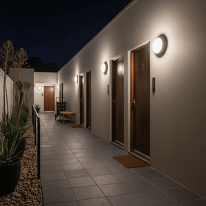Outdoor corridor illuminated by Berta bulkhead lights, showcasing a modern design with wooden doors and potted plants.