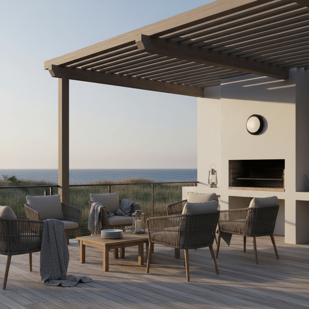 Outdoor patio scene featuring the Berta Bulkhead light mounted on a wall, with seating and ocean view.
