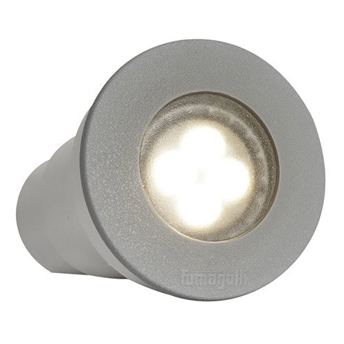 Round grey LED light fixture on a white background