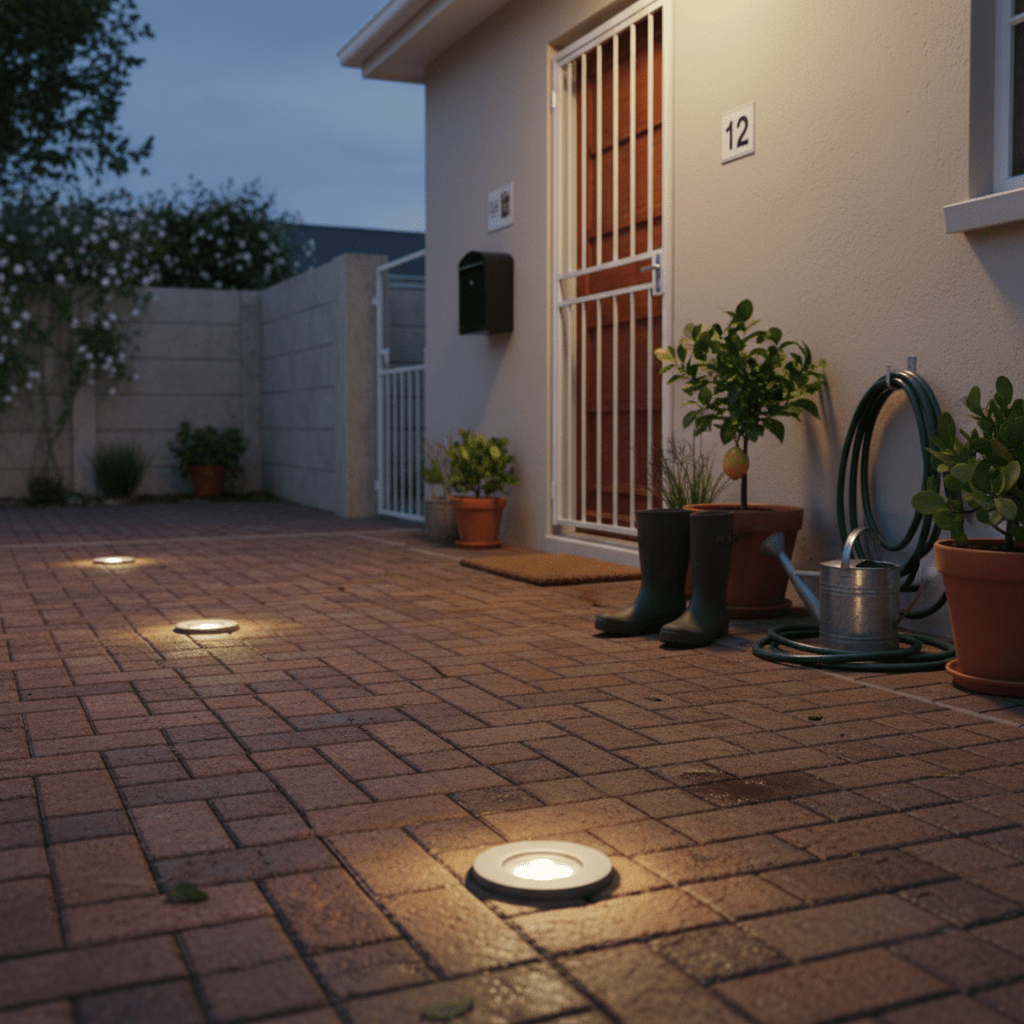 Outdoor patio with potted plants, garden tools, and illuminated ground lights.
