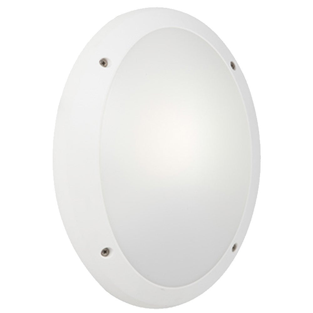 Round white light fixture on a white background