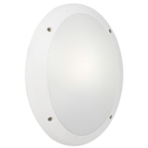 Round white light fixture on a white background