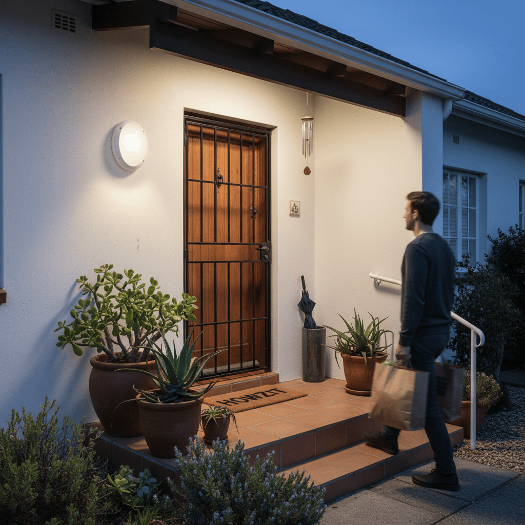 A man approaches a front door illuminated by a white outdoor bulkhead light, surrounded by potted plants.