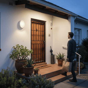 A man approaches a front door illuminated by a white outdoor bulkhead light, surrounded by potted plants.