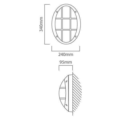 Technical drawing of the Fumagalli Danzi Grey Outdoor Coastal Wall Light showing dimensions and design details.