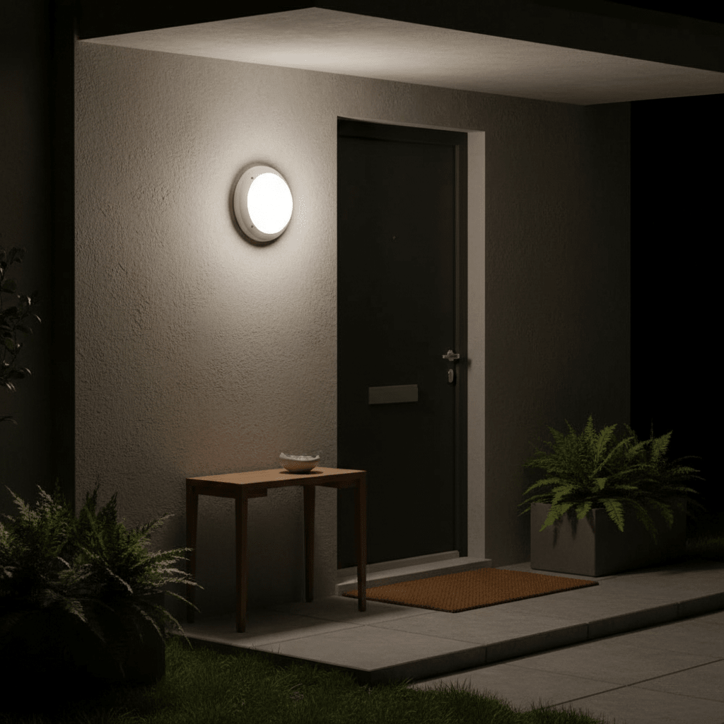 Outdoor wall light mounted beside a dark door, illuminating a small table and plants in a cozy entrance.