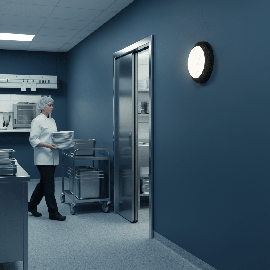 A black outdoor wall light mounted on a blue wall, illuminating a kitchen area with a chef carrying plates.