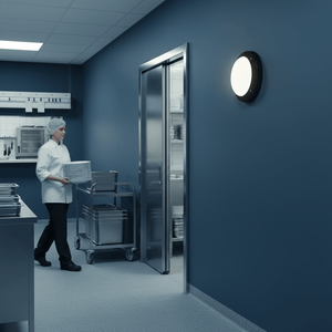 A black outdoor wall light mounted on a blue wall, illuminating a kitchen area with a chef carrying plates.