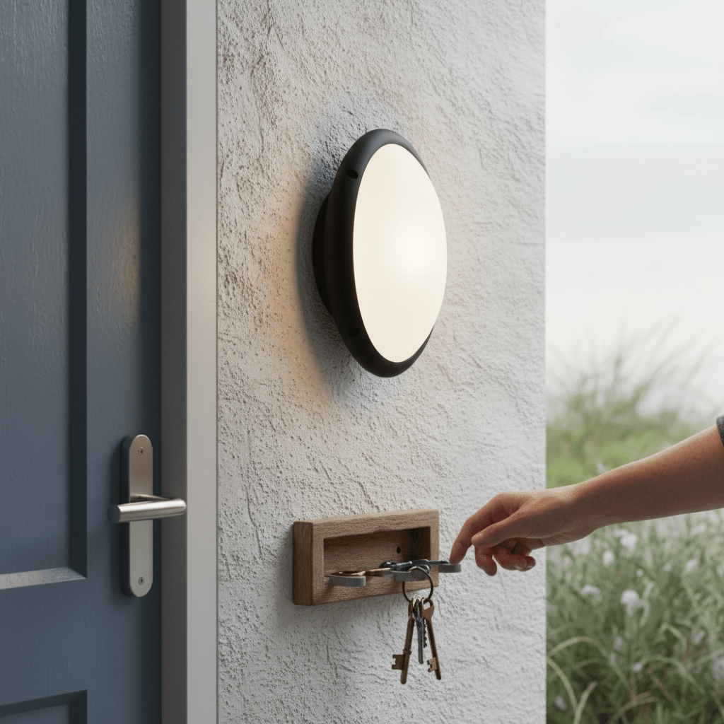Black outdoor wall light mounted beside a door, illuminating a key holder with keys.