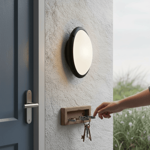 Black outdoor wall light mounted beside a door, illuminating a key holder with keys.