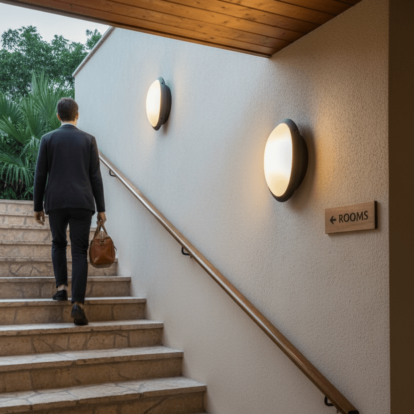 A person walking up stairs illuminated by two black bulkhead wall lights, with a sign pointing to rooms.