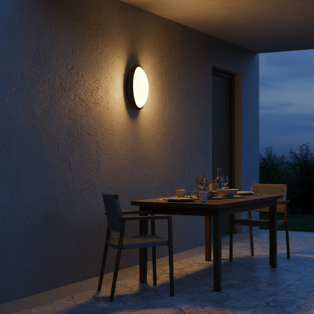 Outdoor wall light illuminating a dining area on a patio, enhancing evening ambiance.