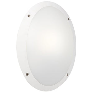 White outdoor bulkhead wall light with a smooth oval design and visible mounting screws.