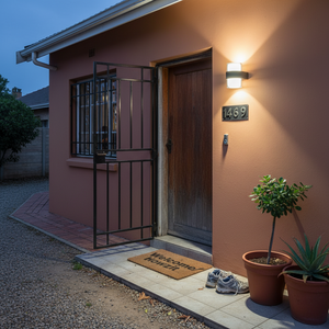 Outdoor LED wall light illuminating a front entrance with a welcome mat and potted plants.