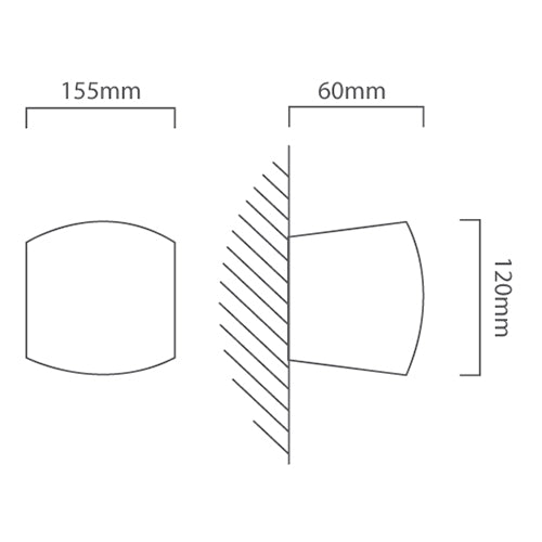Abram 150 exterior wall light dimensions shown as front and side elevation line drawings with 155mm, 60mm and 120mm labels